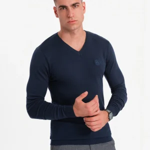 Ombre – Heren V-Hals Sweater – Ribgebreide Boorden – Navy – Italianstyle – Art.nr. BS-0107NV