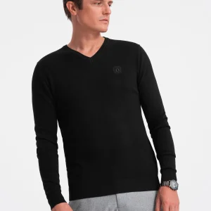 Ombre – Heren V-Hals Sweater – Ribgebreide Boorden – Zwart – Italianstyle – Art.nr. BS-0107ZW
